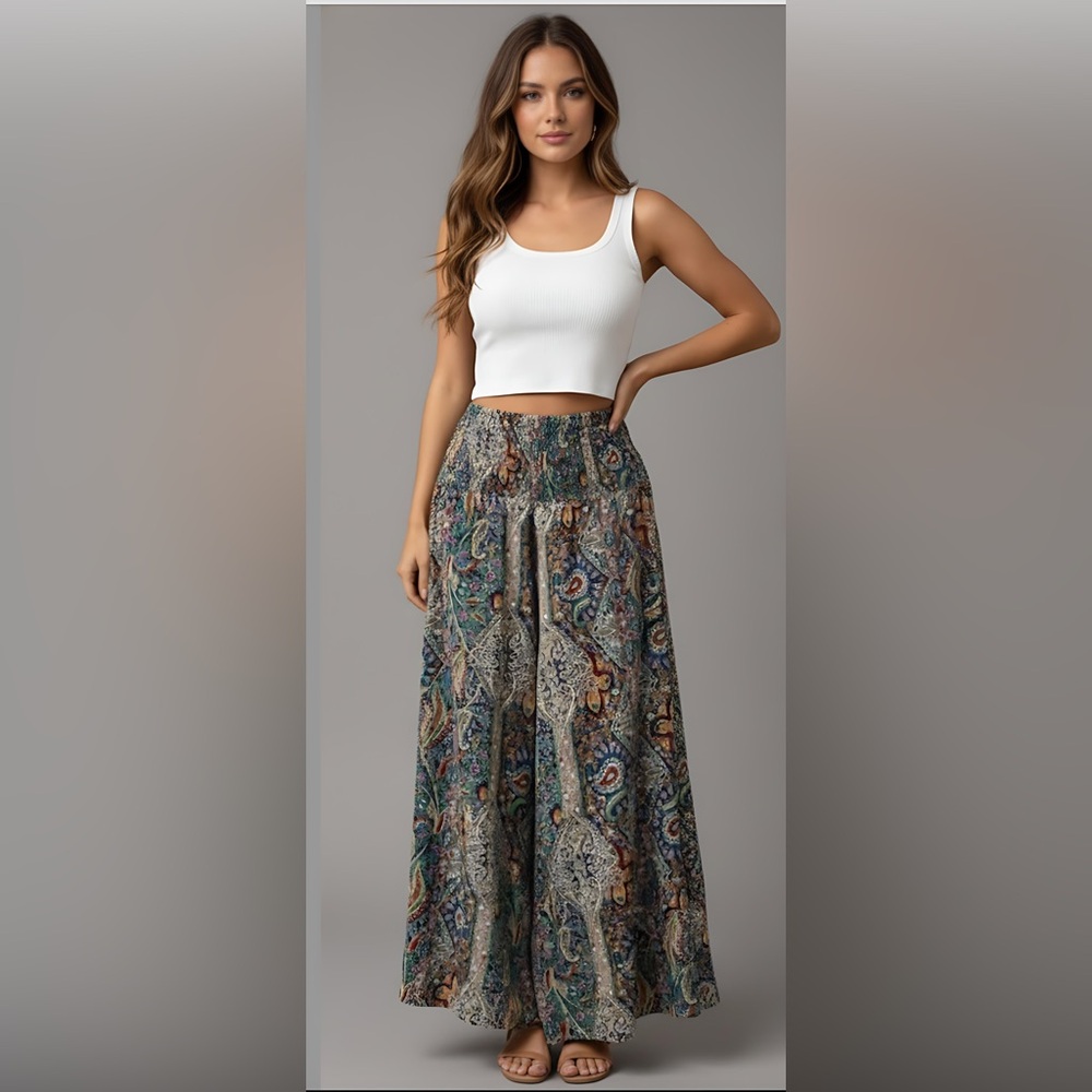 Shirred Waist Paisley Print Wide Leg Palazzo Pants - Picture 2 of 9
